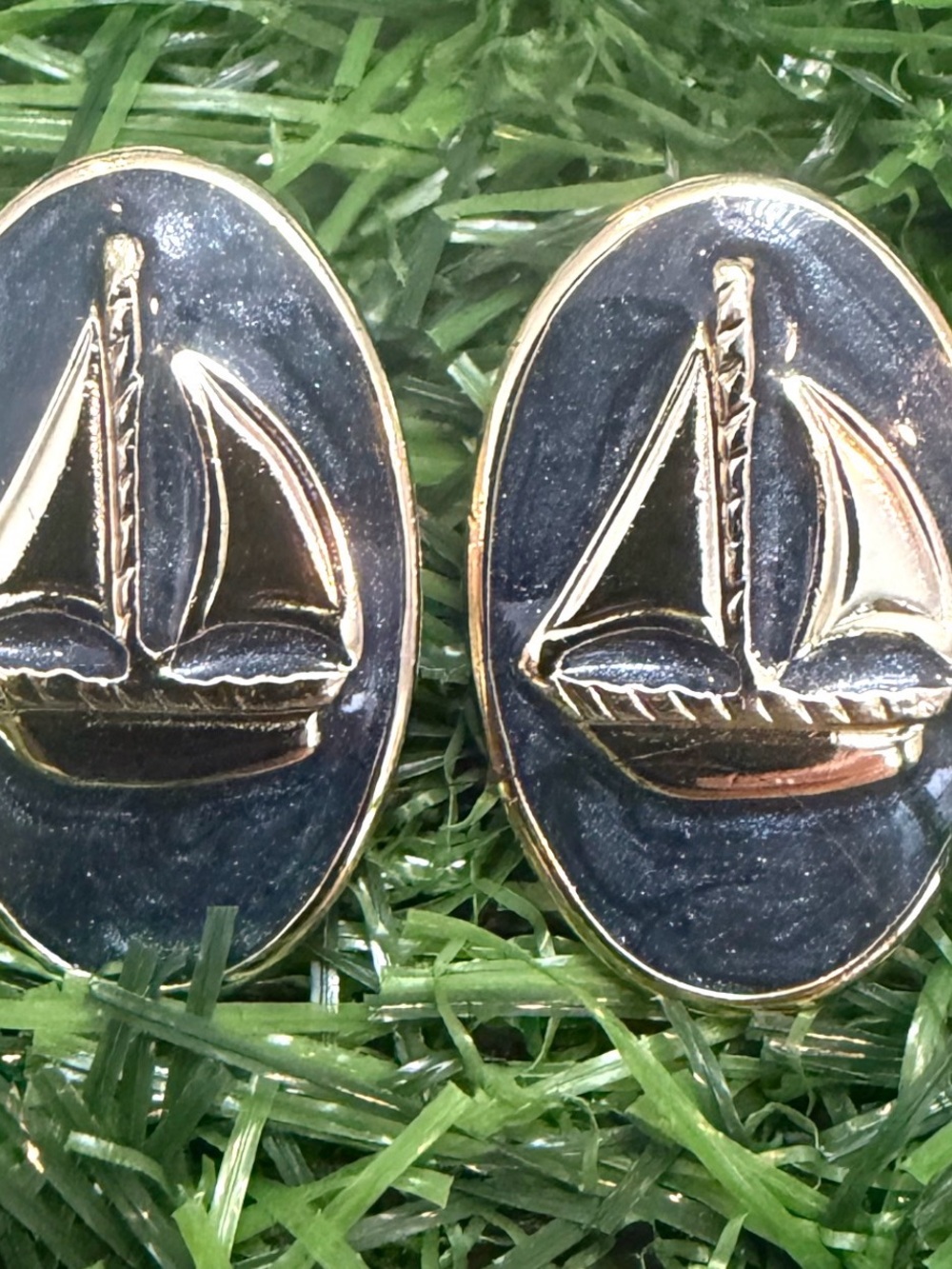 Vintage Nautical Sailboat Oval Earrings - Navy and Gold